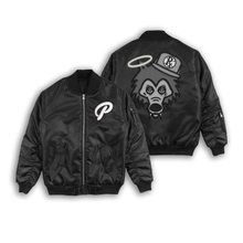Load image into Gallery viewer, Bomber Jacket - Black Satin Gray Wolf