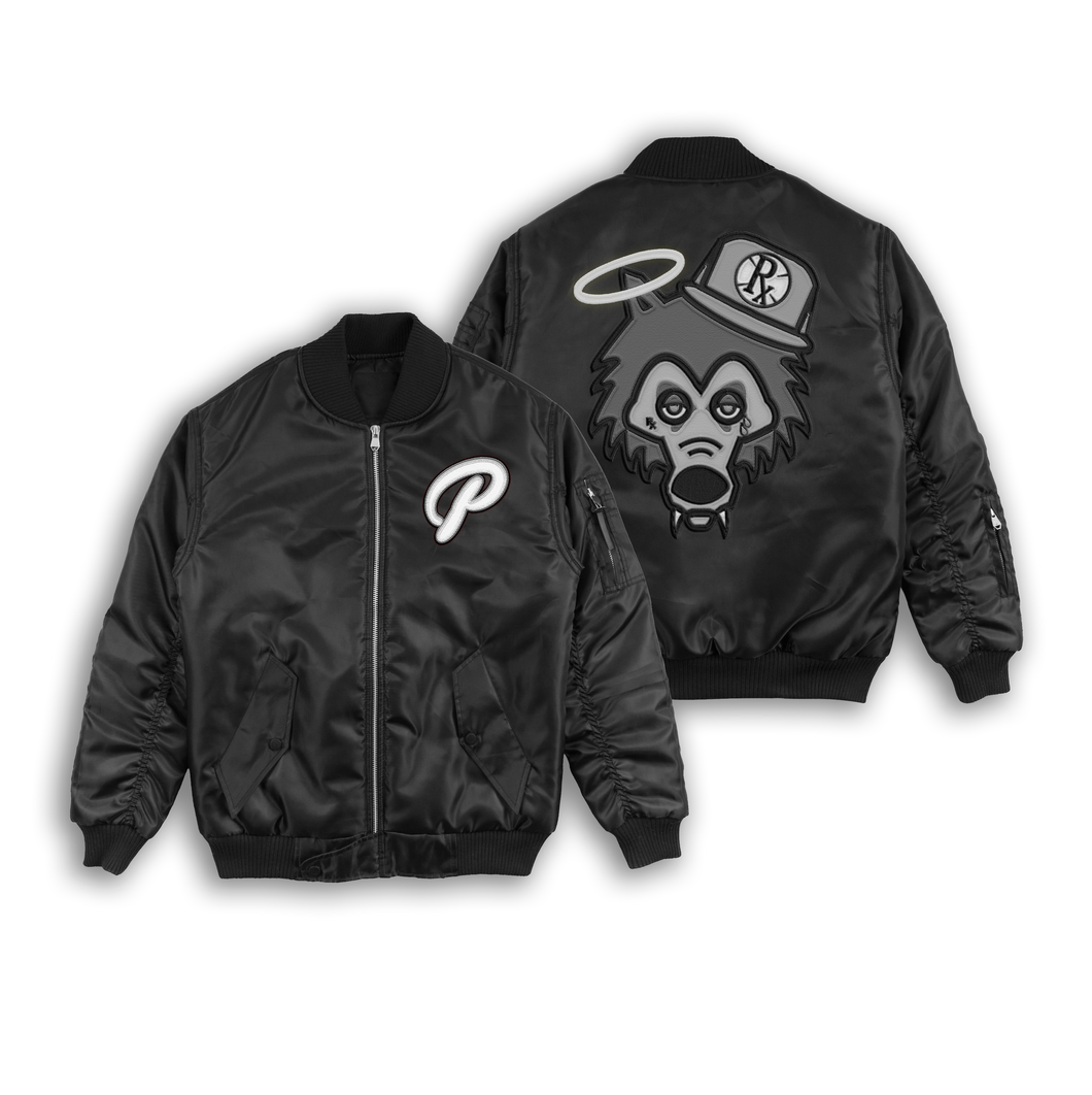 Bomber Jacket - Black Satin Gray Wolf