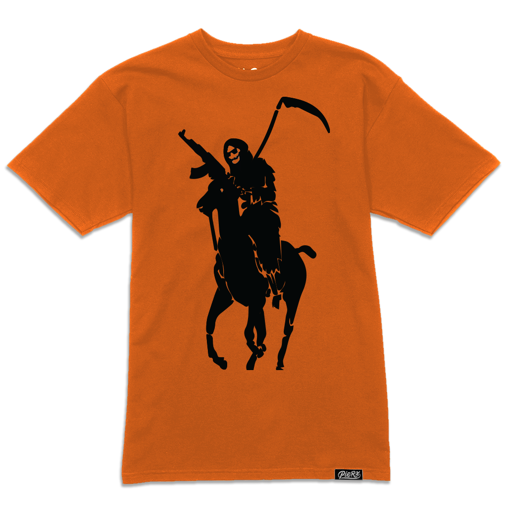 Black polo shirt with orange horse sales